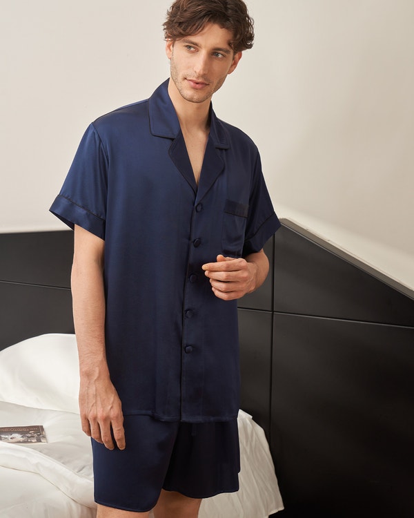 22 Momme Contrast Trim Korte Zijden Pyjamas Set