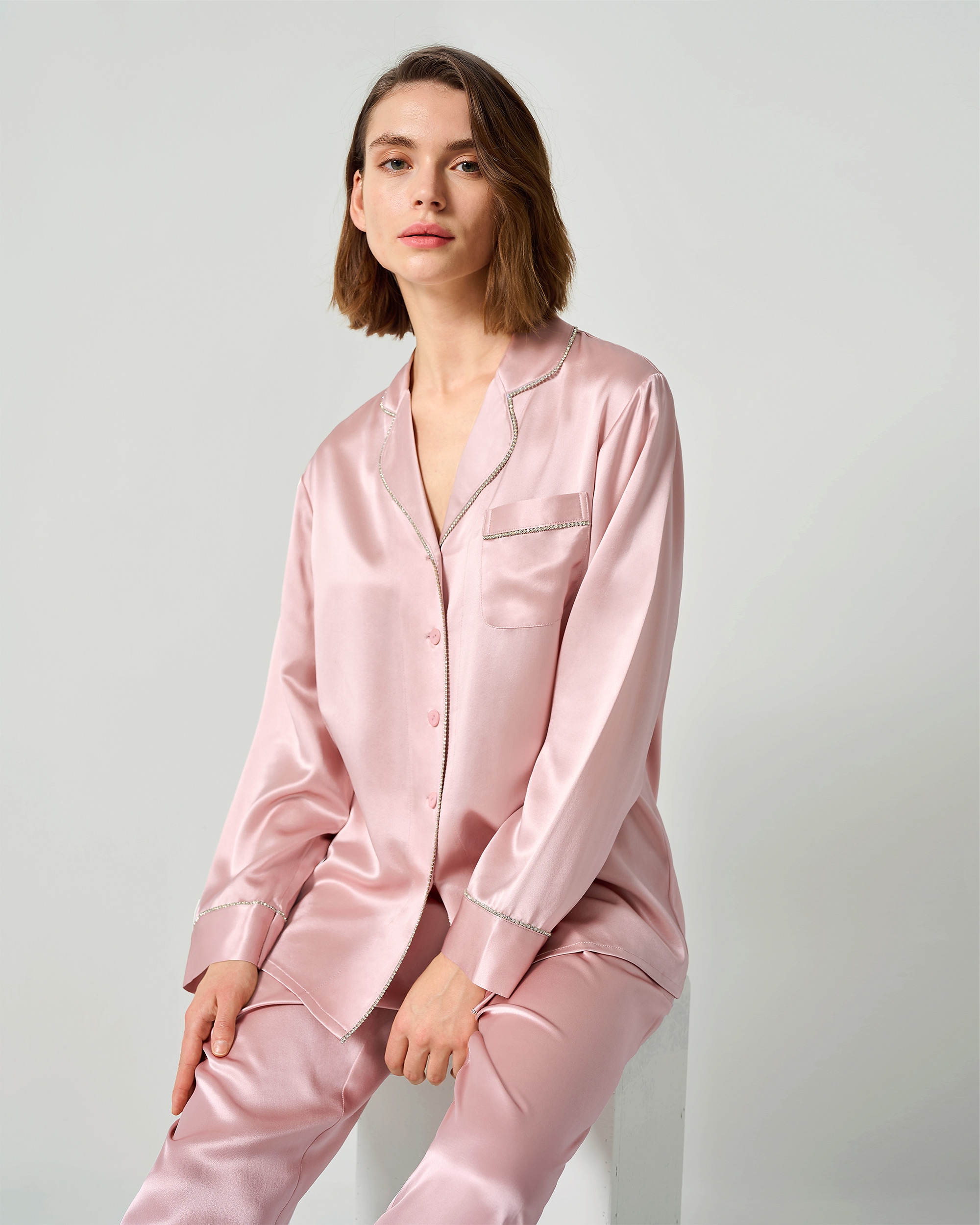 LILYSILK Strass Besetzte Damen Seide Pyjama Set Entspannte Passform 100% Maulbeerseide Der Klasse 6A Glatt Altrosa XL