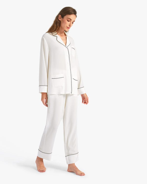18 Momme Chic Trimmed Silk Pajamas Set White XXL