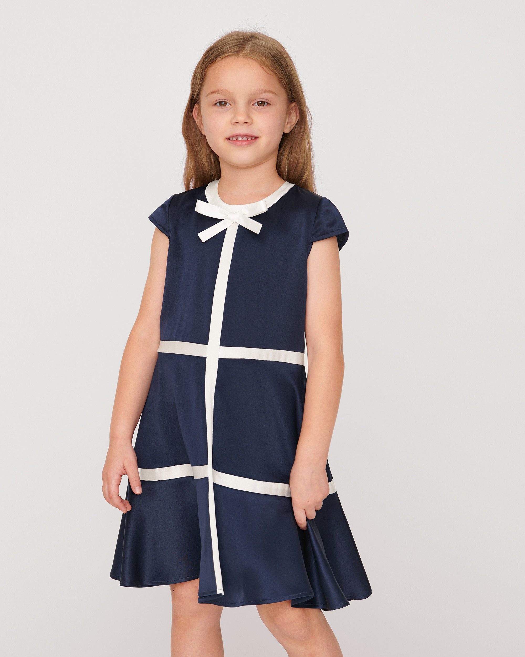 1920s Children Fashions: Girls, Boys, Baby Costumes Cap Sleeve Silk Dress For Girl Ivory-Navy-Blue 130 $84.99 AT vintagedancer.com