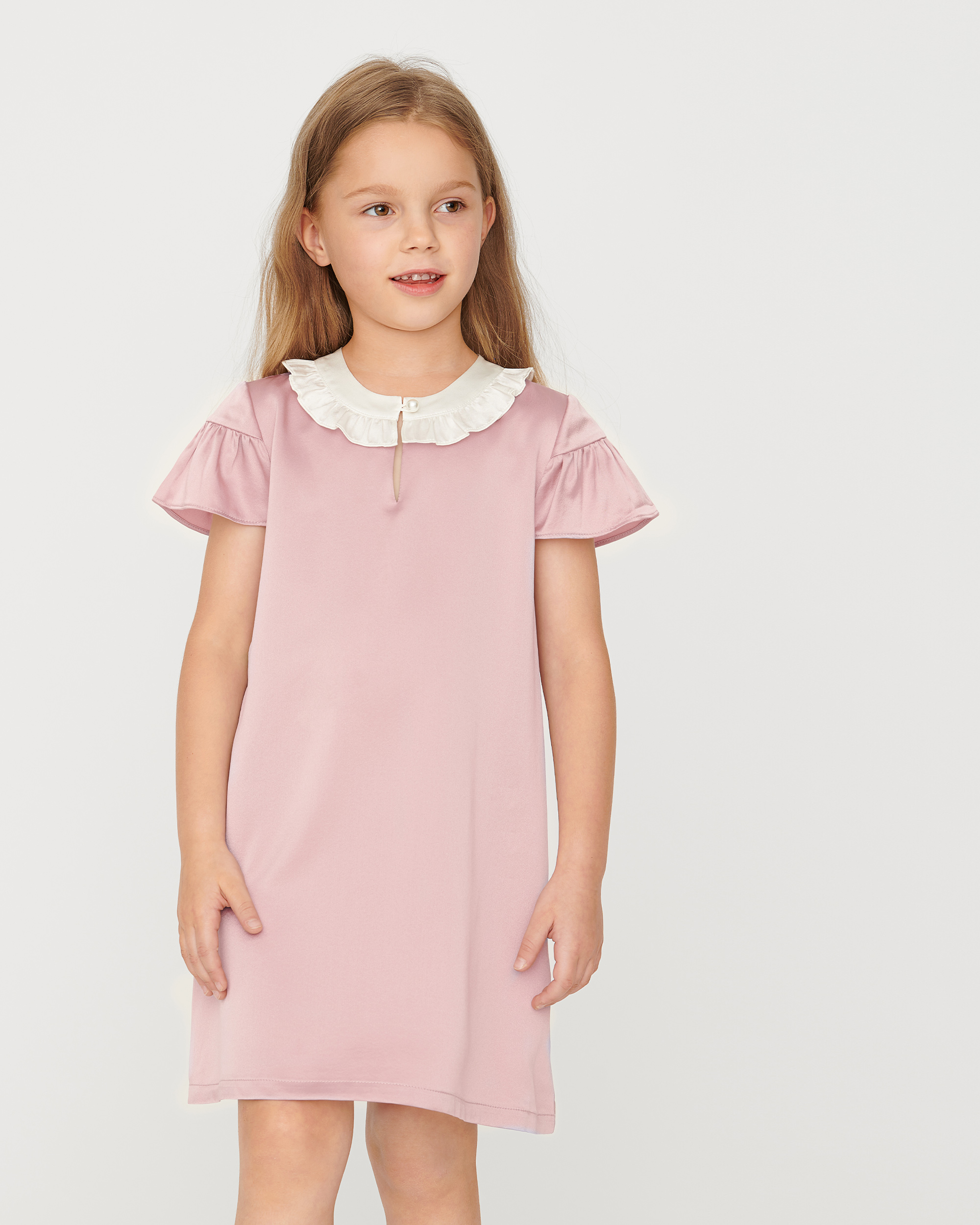 Vintage Style Children’s Clothing: Girls, Boys, Baby, Toddler Pleated Collar Silk Dress For Girl Ivory-Rosy-Pink 140 $79.00 AT vintagedancer.com