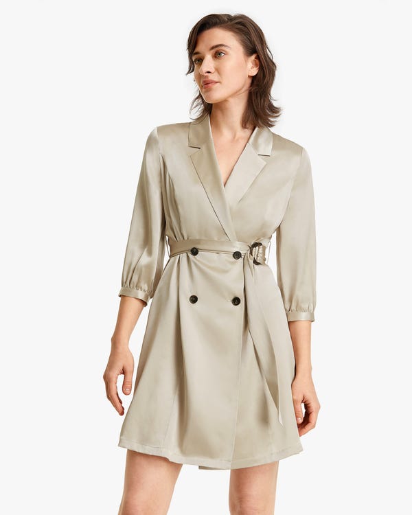 Lapel Collar Double-breasted Mid-sleeve Silk Dress Bright Coffee S-hover