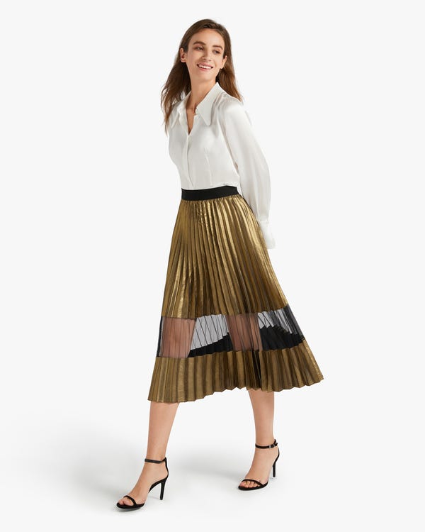 LILYSILK X MIM "STELLA" Pleated Skirt With Mesh Insert Golden-Bronze 31B