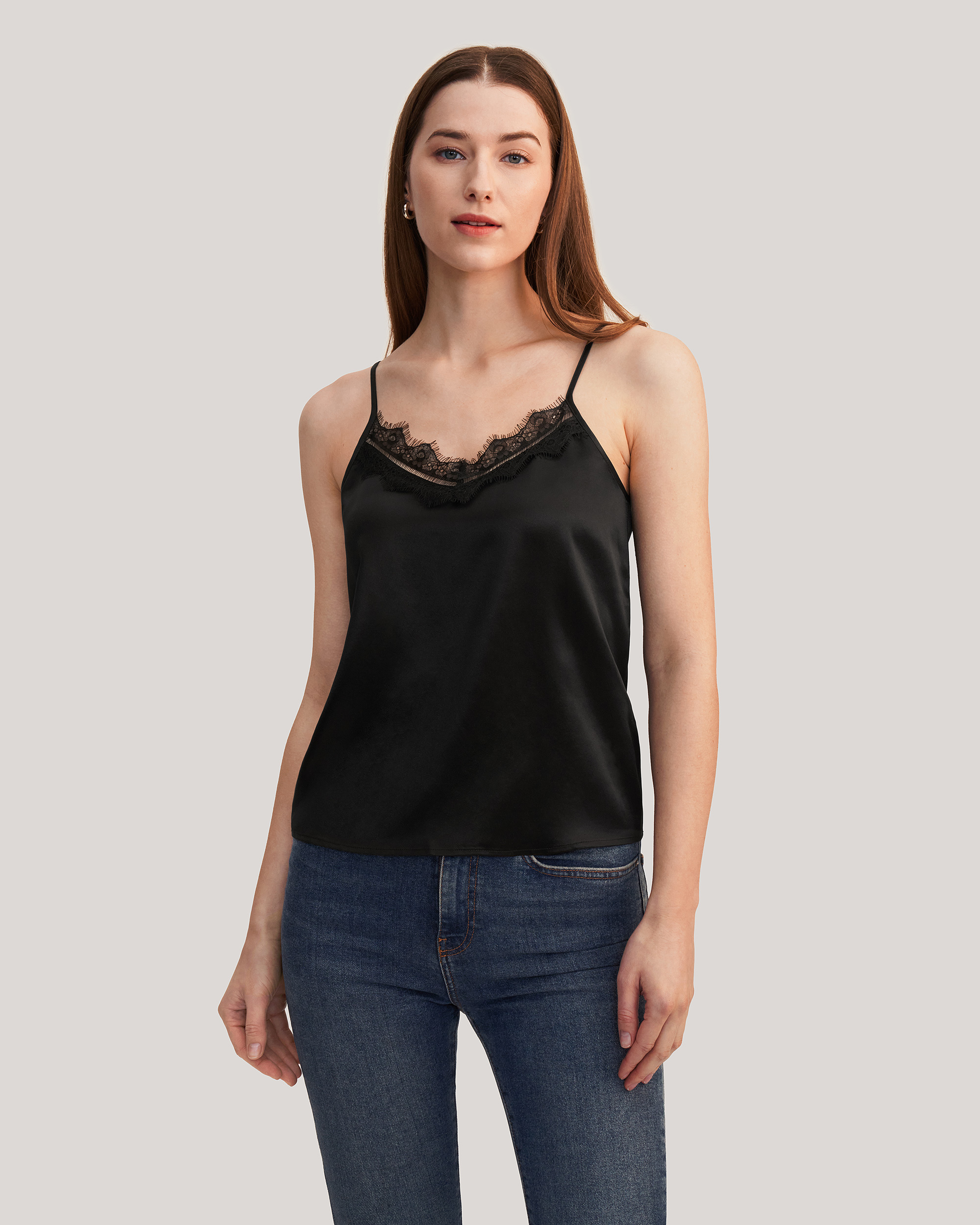 Black Straight Neck Silk Satin Cami Top 100% Silk Camisole Bias