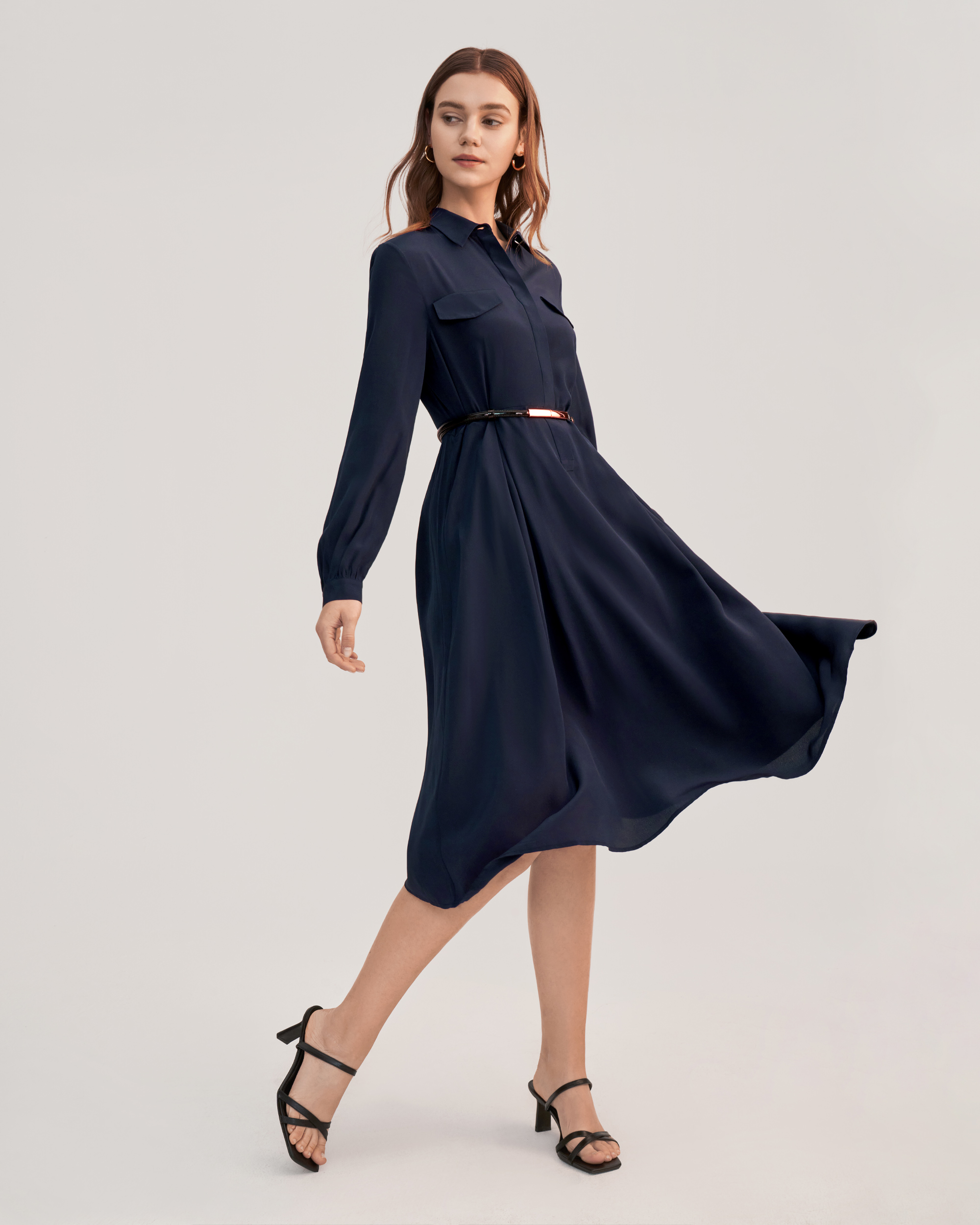 LILYSILK Silk Dress UK Women's Free Metal-buckle Belt Navy Blue S