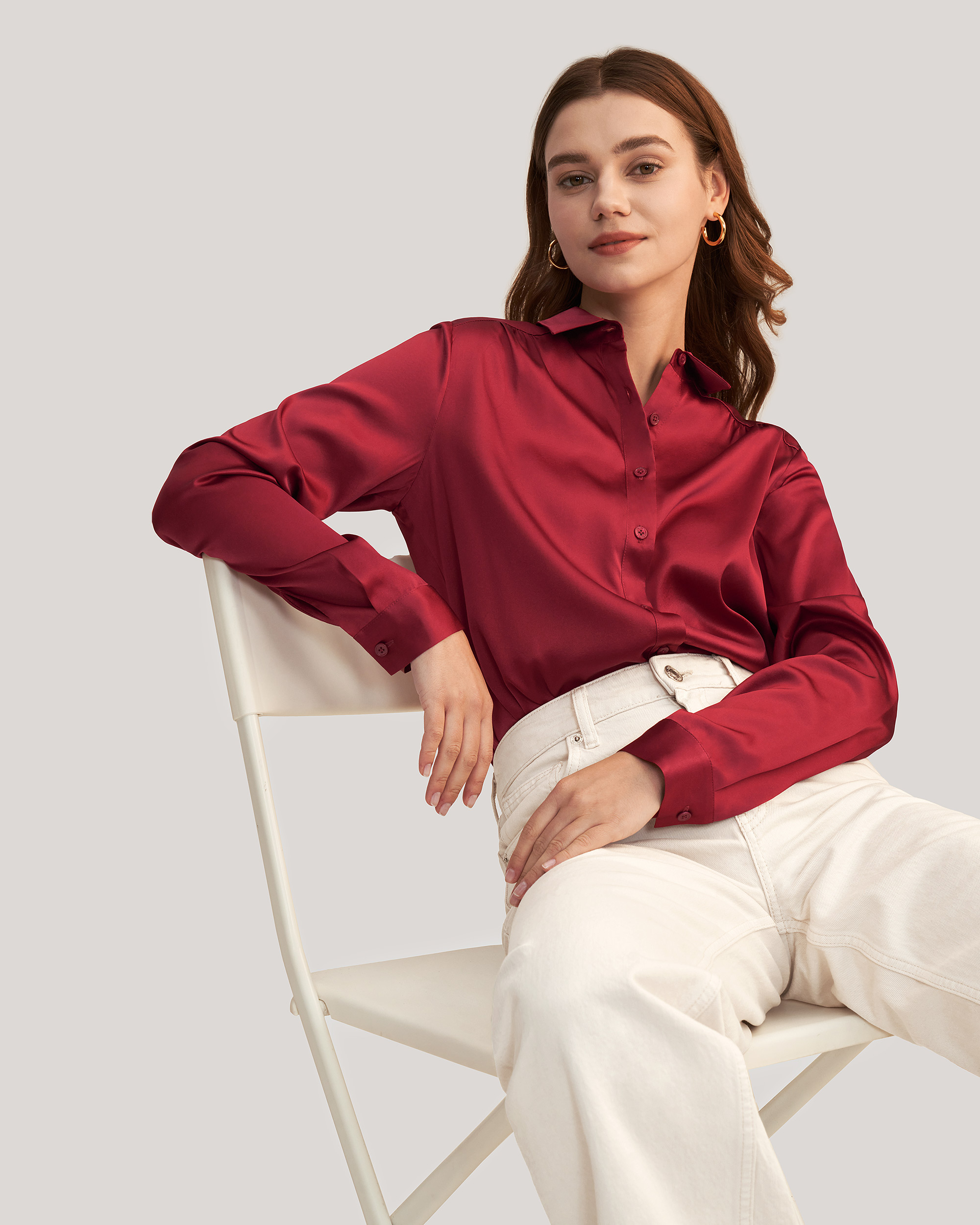 Long Sleeves Collared Silk Blouse For Women