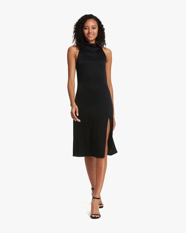 Silk Slit Dress With Turtleneck Black XL