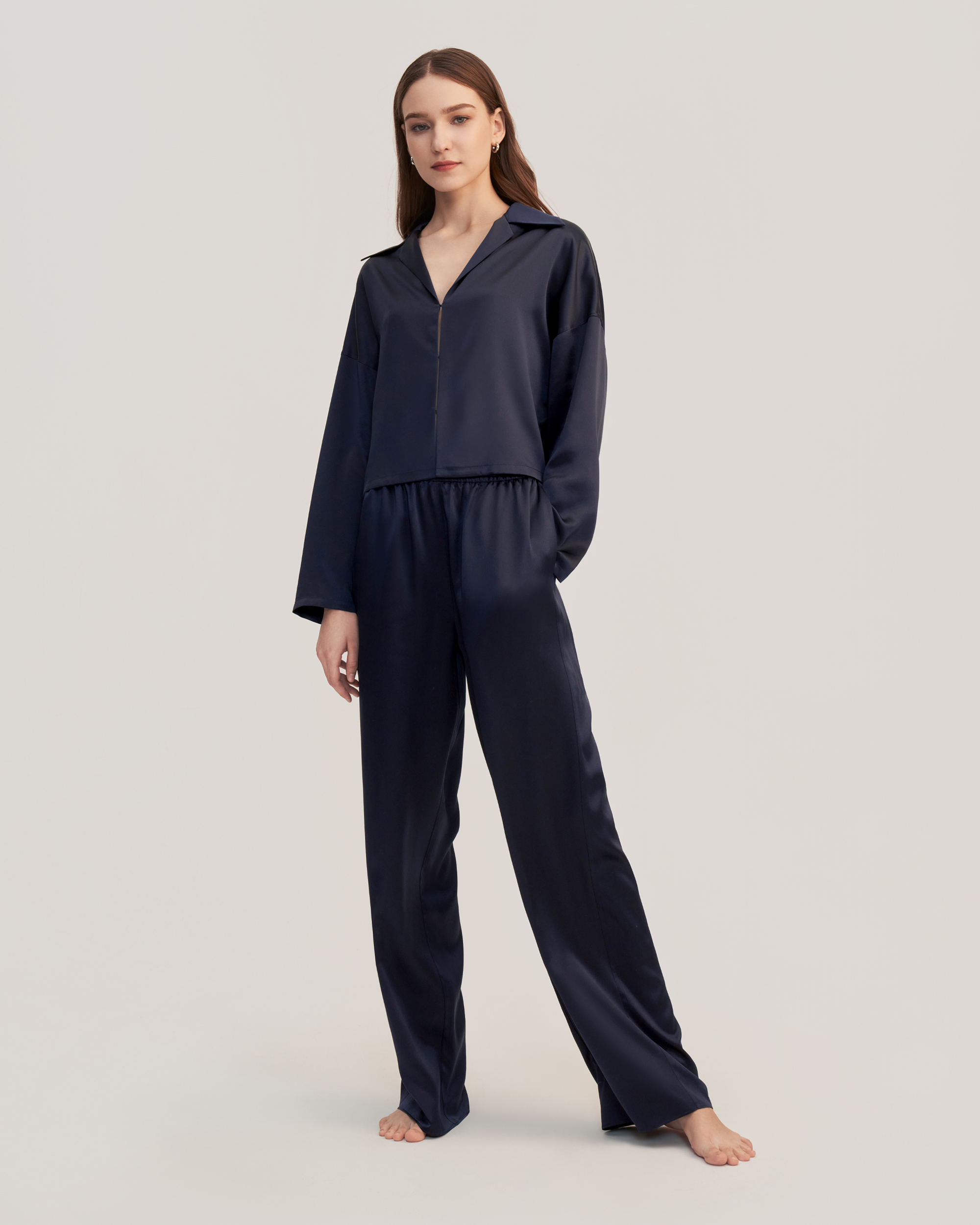 LILYSILK Seiden Pyjama Set Damen Dunkel Blau DE 100% Grade 6A Maulbeerseide Minimalismus Super Weich L