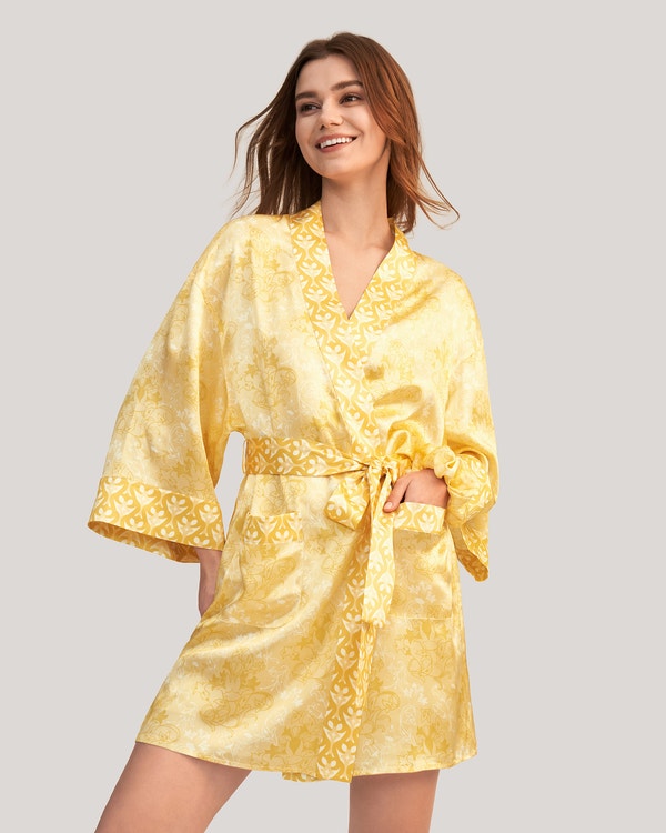 Vestaglia kimono in raso di seta con giglio dorato
