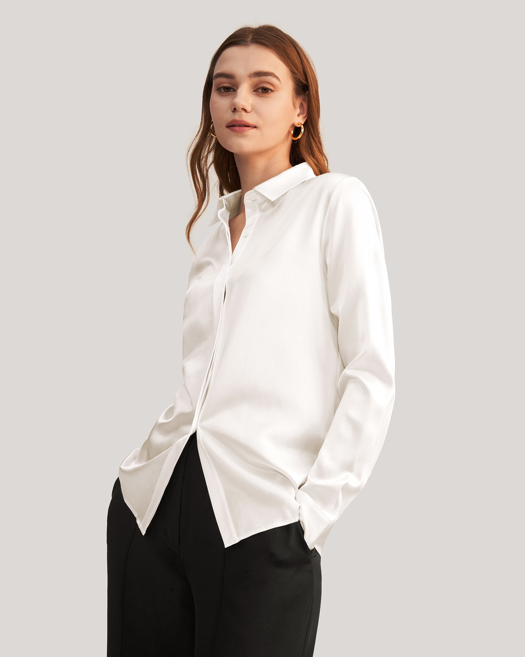 Basic Concealed Placket women Silk Shirt