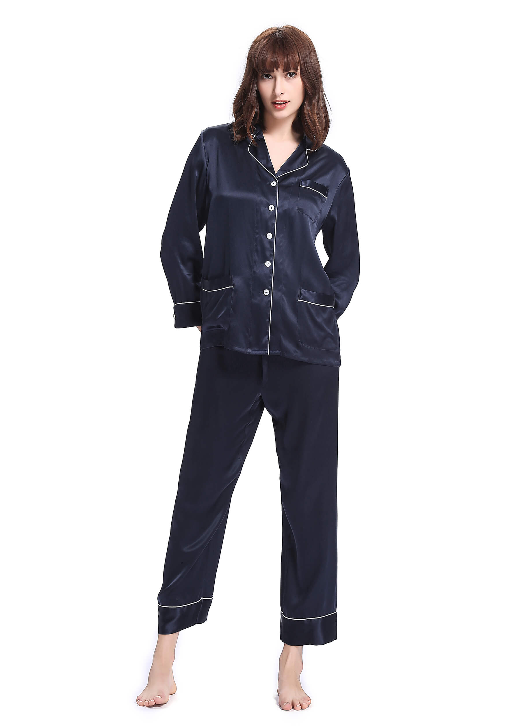 LILYSILK Pyjama Seide Damen Dunkel Blau Deutschland 100% Seide Klasse 6A Glatt Hautfreundlich Und Atmungsaktiv L