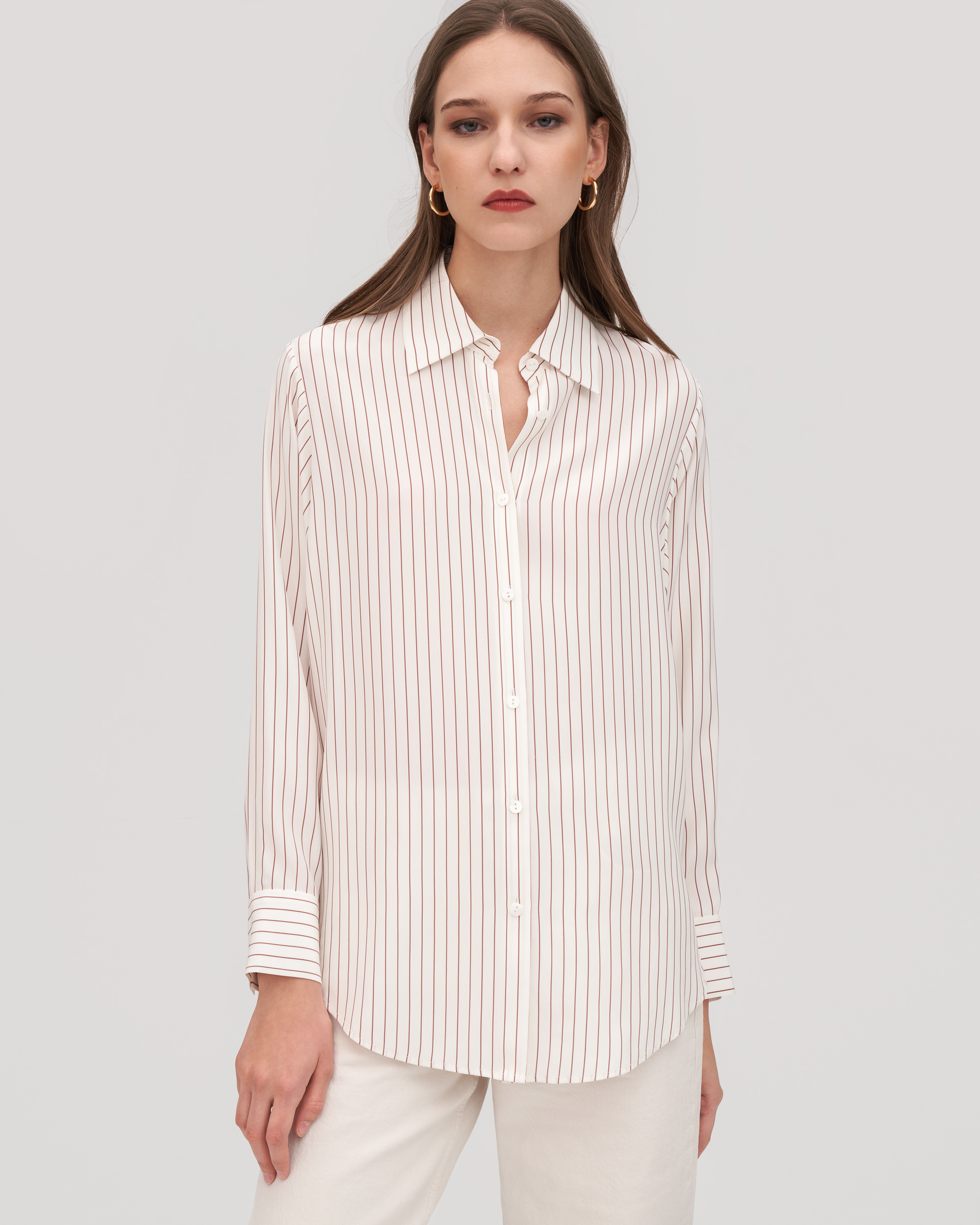 LILYSILK Seiden Bluse Damen Brauner Nadelstreifen Deutschland Seide Langärmeliges Shirt Atmungsaktiv Superleicht S