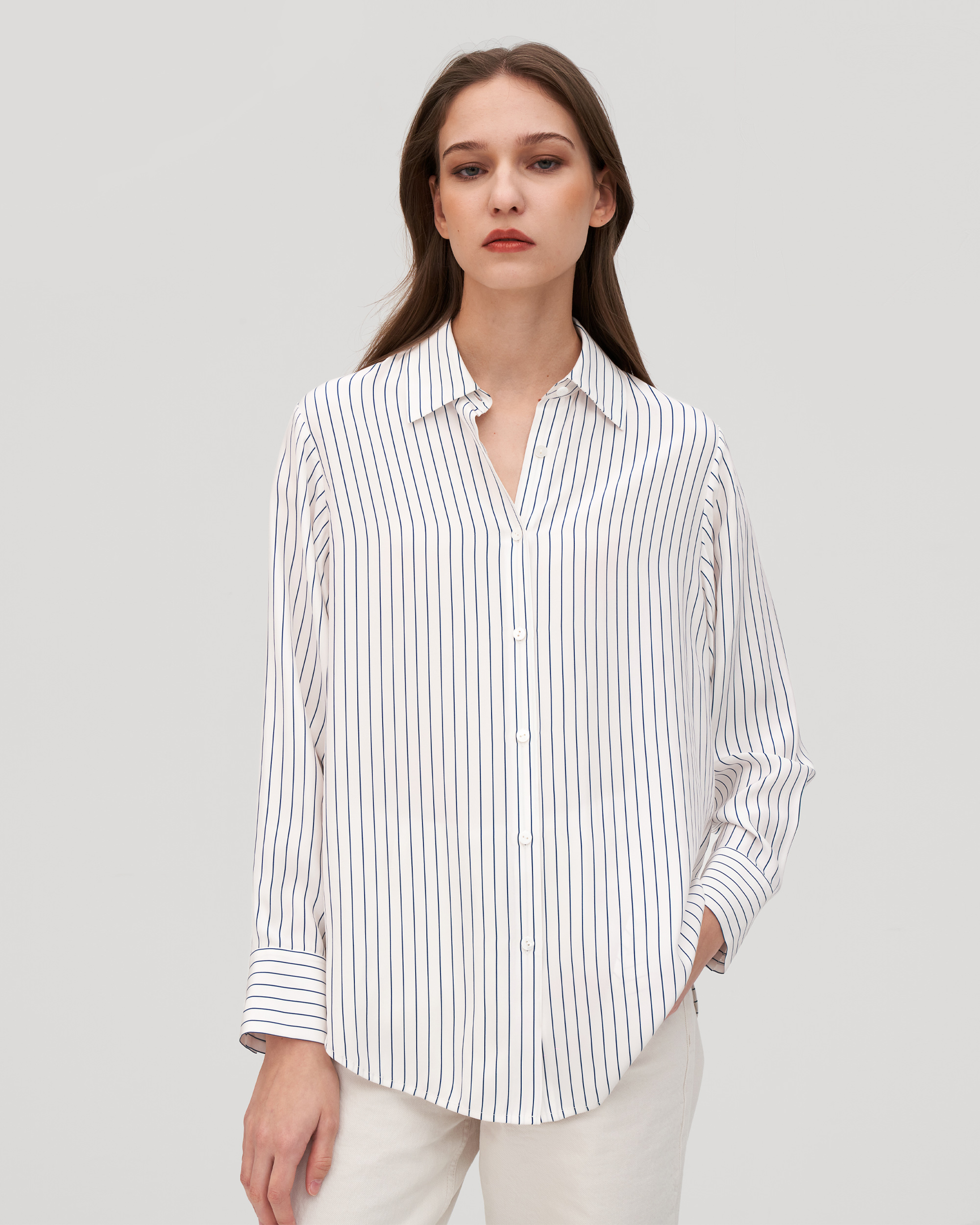 LILYSILK Blouse Soie Surdimensionnée, Chemise À Rayures Charmeuse Soie Super Doux Chemises Bleu Marine À Fines Rayures S - LILYSILK - Modalova
