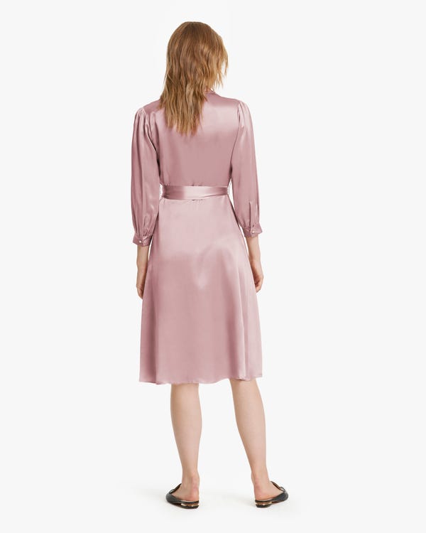 Romantic Pearl Button Silk Midi Dress Quicksand-Pink S-hover