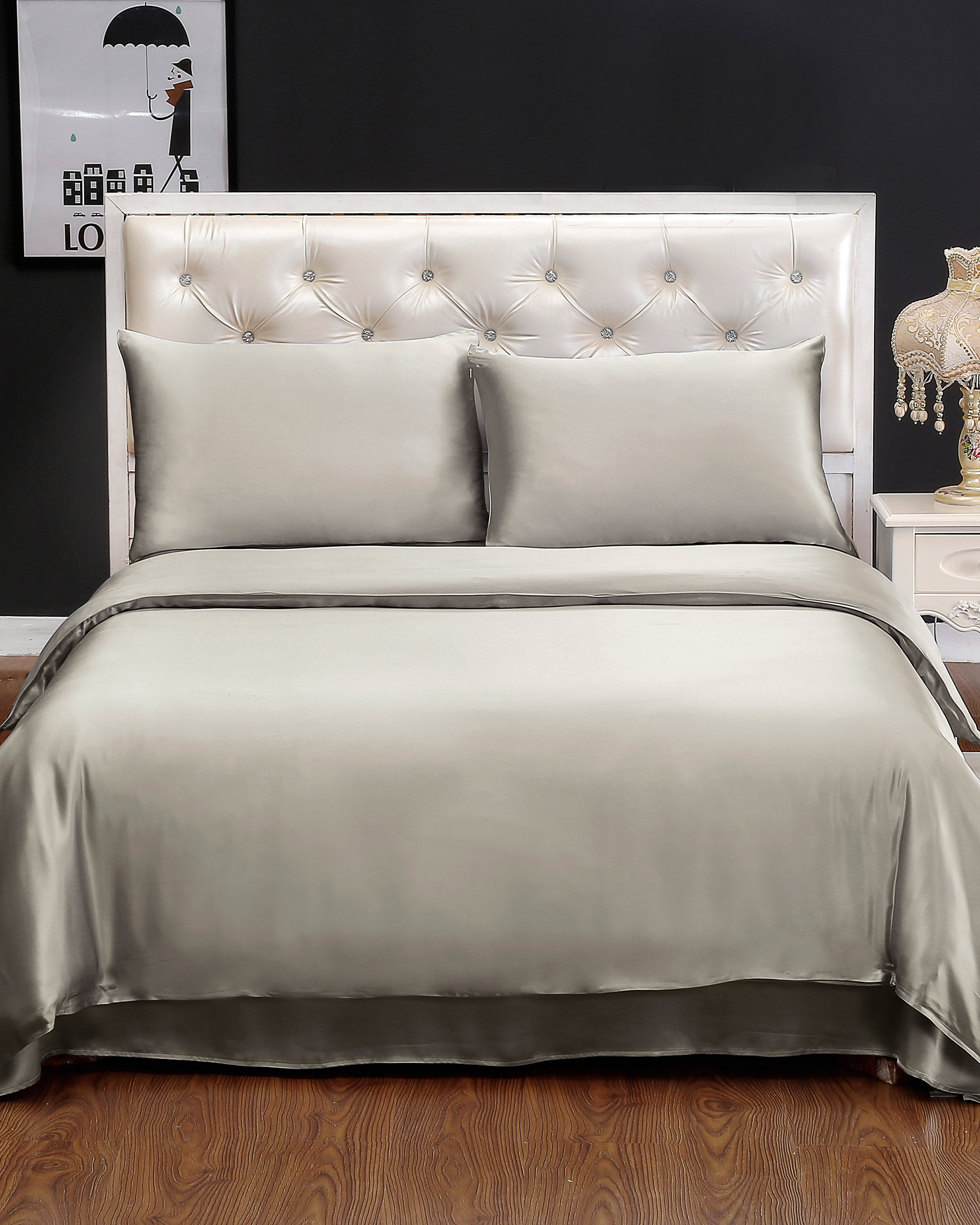 LILYSILK 2tlg Luxus Seide Bettwäsche Set Handgefertigt Atmungsaktiv Superleicht Deutschland Silber Grau 155x220cm + 80x80cm