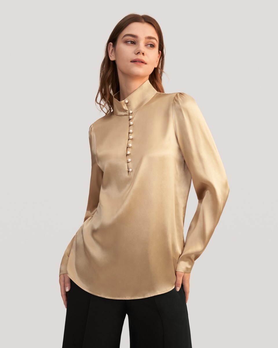 Pearl Button Mandarin Collar Stretch Silk Blouse