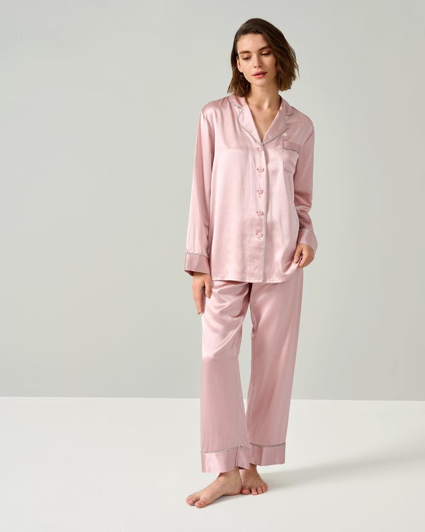 Strass getrimde zijden dames pyjama set
