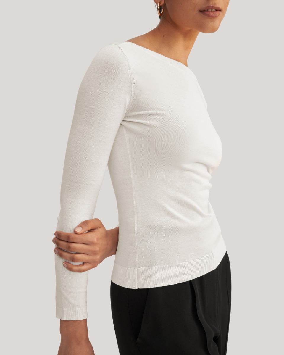 Elegant Boat Neck Long Sleeve Silk Knitted Tee
