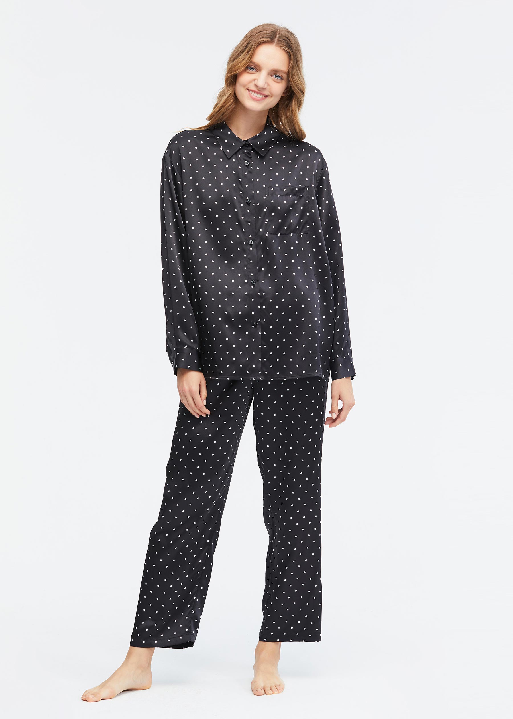 Silk polka dot pajamas clearance