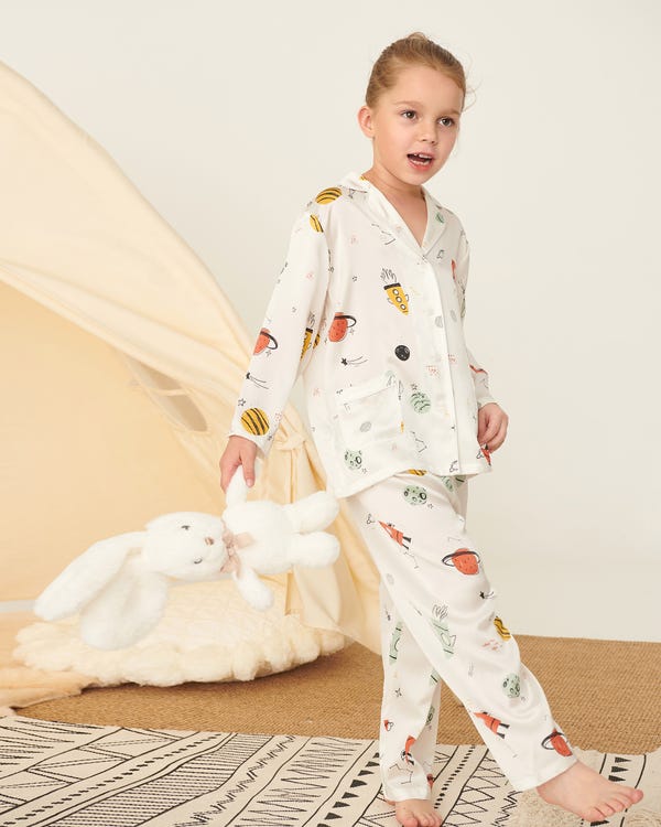 Tiny-Universe Print Silk Pajamas Set For Kids