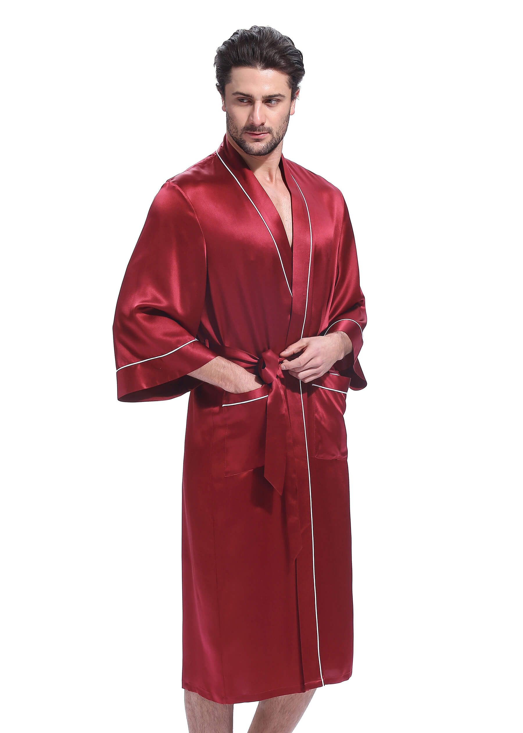 LILYSILK Men's Silk Robe UK Fluid 22 Momme Kimono Silk Dressing Gown With Piping Red XL