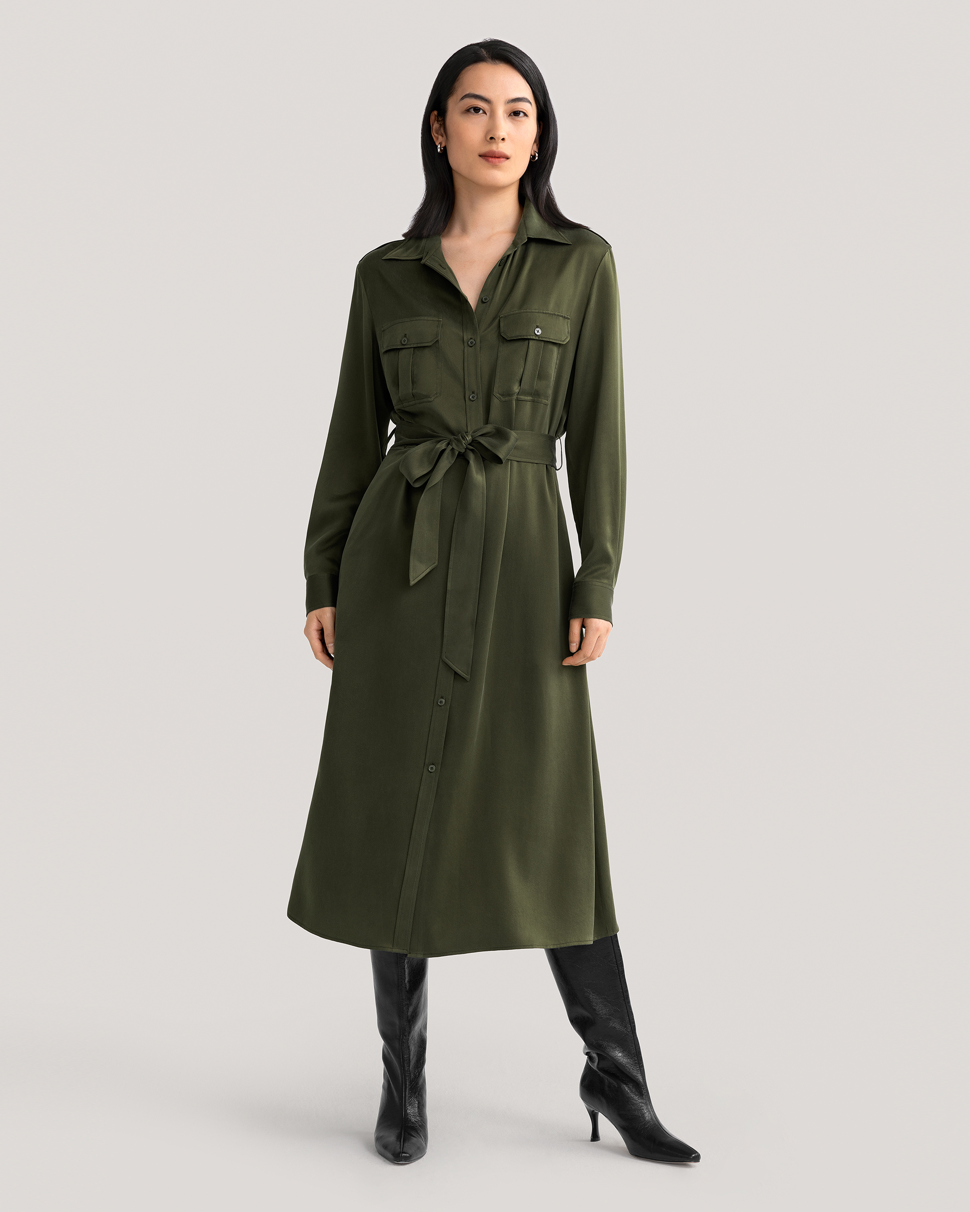 LILYSILK Kleid Aus Seide Safari Grün Deutschland 100% Maulbeerseide Mit Taschen Weich Und Gemütlich L