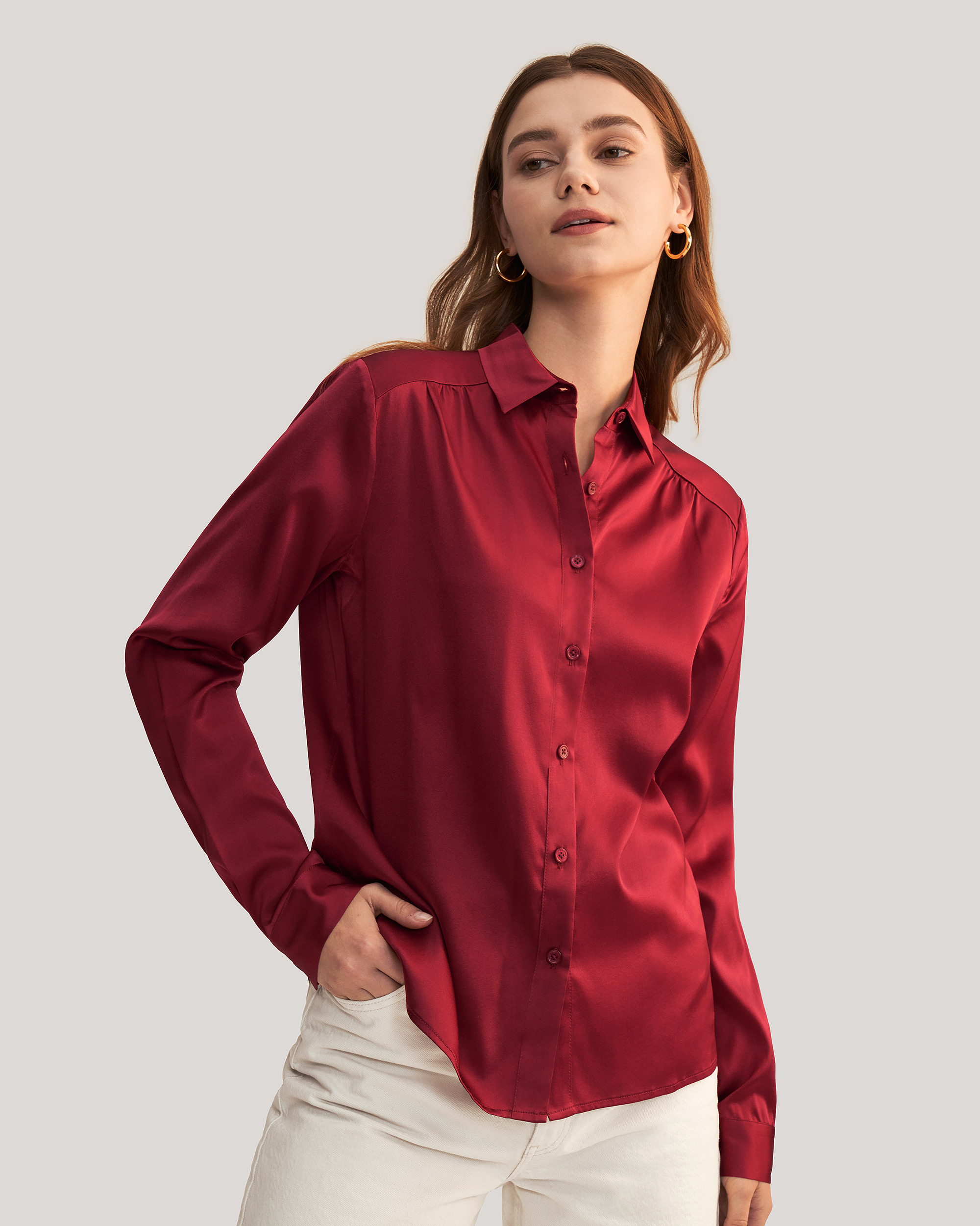 Top Quality Long Sleeves Collared Silk Shirt Women