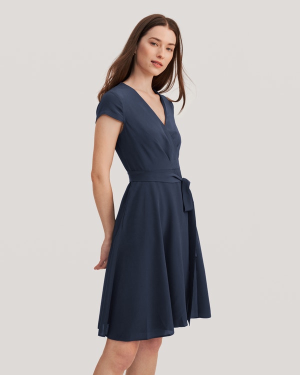 Figure Flattering Silk Wrap Dress Navy Blue L