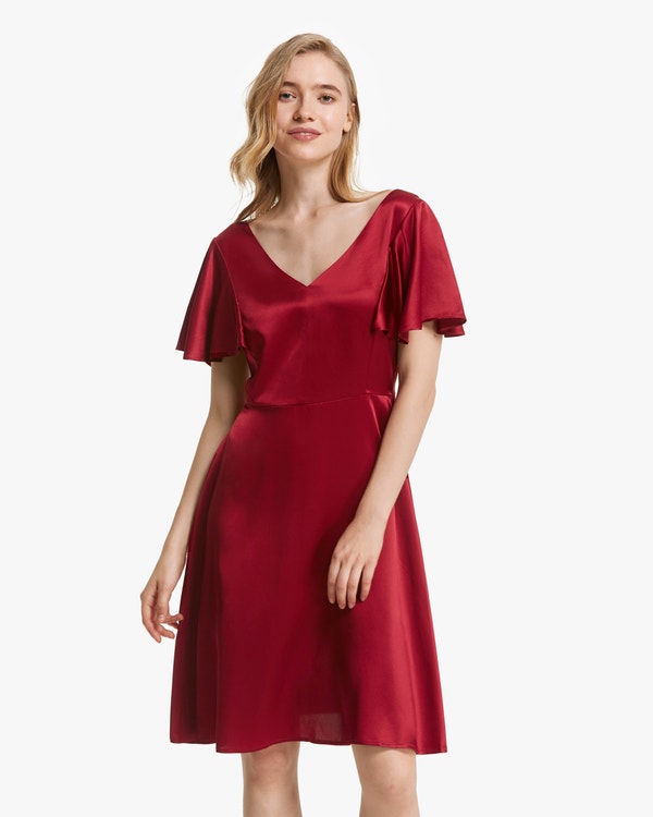 Glossy V Neck Silk Midi Dress