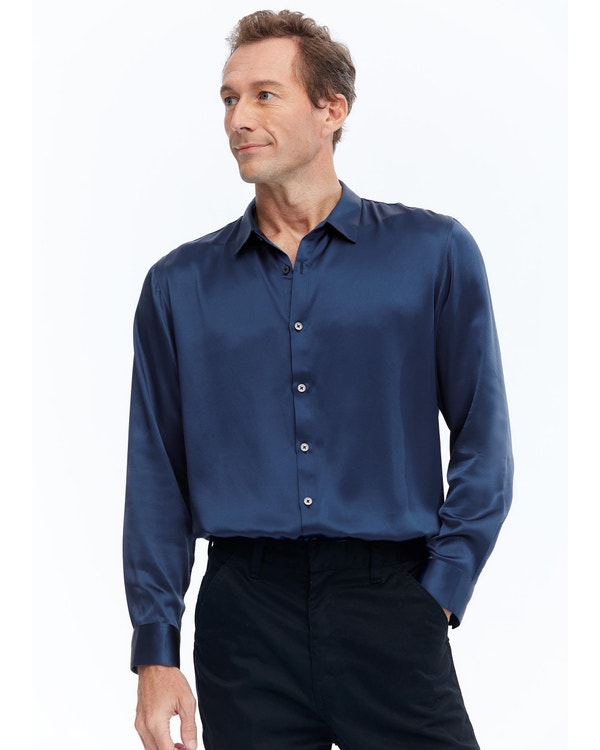 Classic Men's Silk Shirt With Long Sleeves blue-w05 S