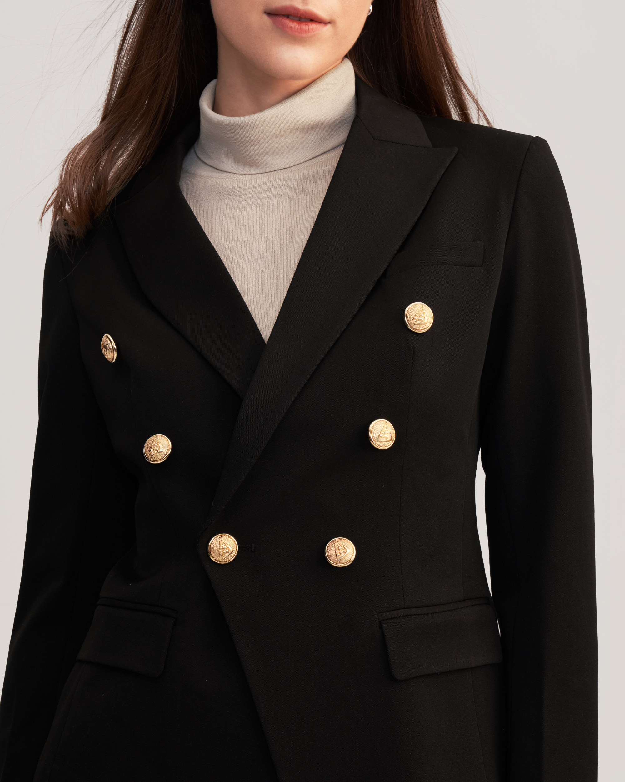 Women's Classic Double Breasted Metal Buttons Blazer with Pockets Slim Fit  Black Jacket