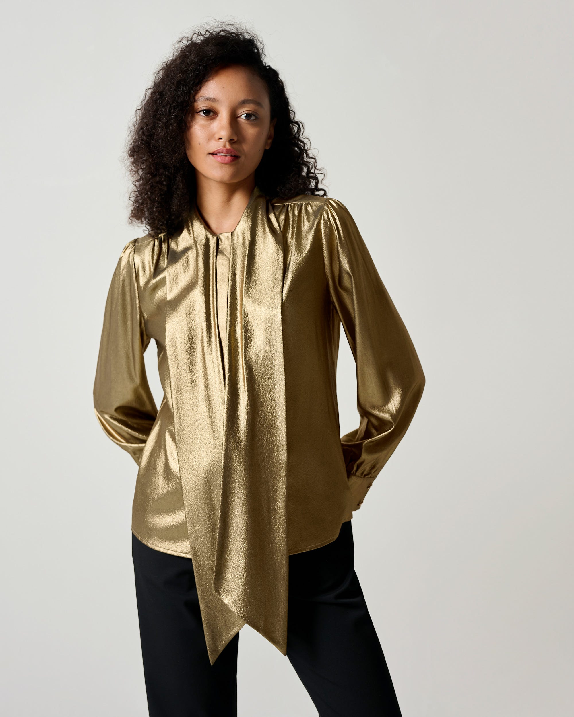 LILYSHEENA™ | Sophisticated Bow Tie Bronze Silk Blouse