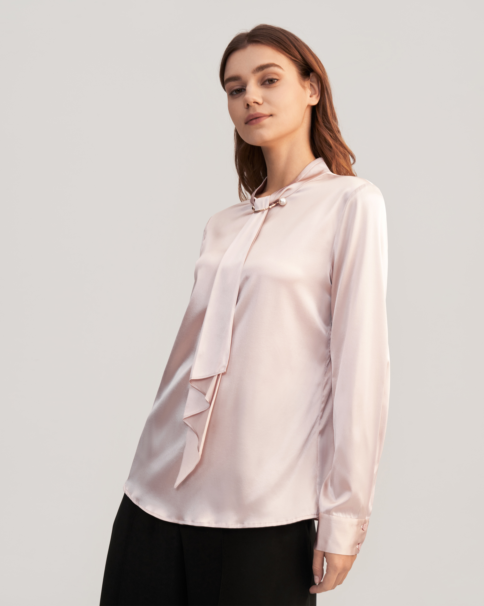 high collar silk blouse