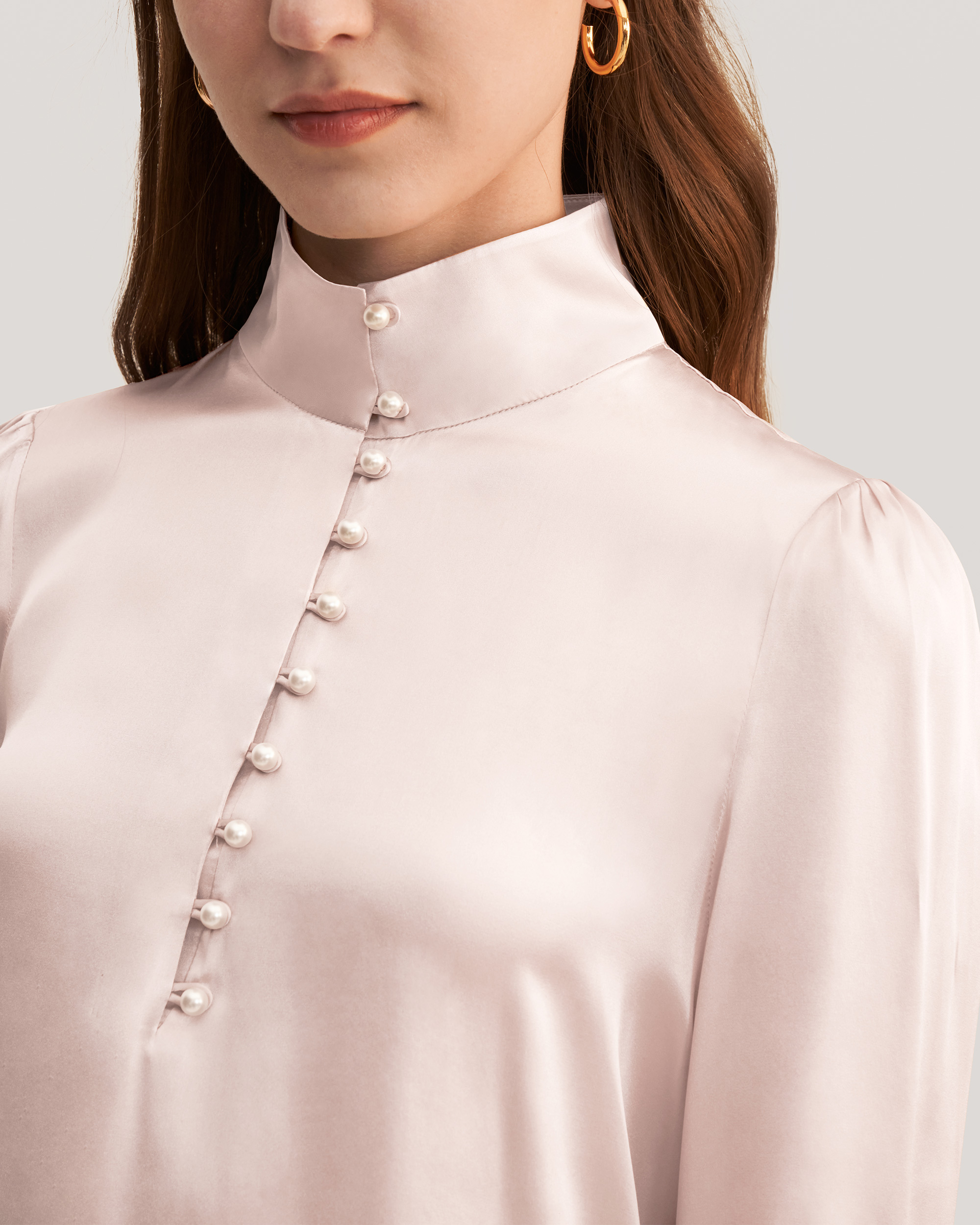 1930s Blouses, Tops, Shirt Styles | History LILYSILK Silk Top UK Skin Friendly Mandarin Collar 100 Silk Blouse Pale Pink XS $125.00 AT vintagedancer.com