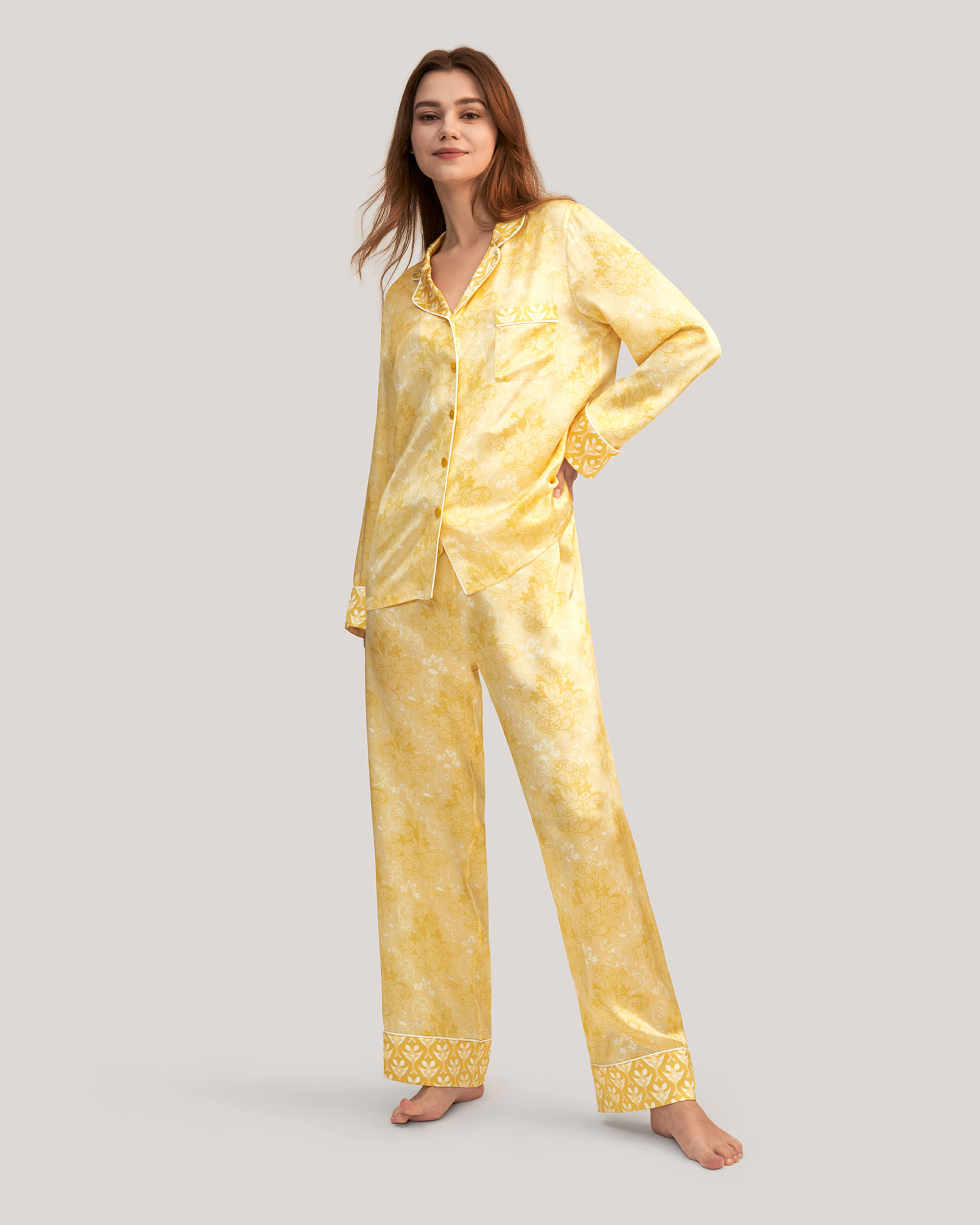 LILYSILK 100% Seiden Pyjama Damen DE Glatt Trendiger neutraler Stil Goldliliendruck M