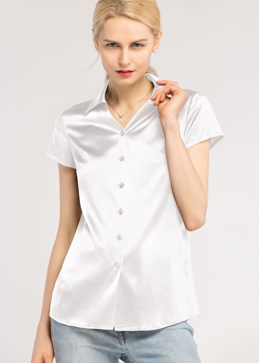 v neck silk blouse short sleeve