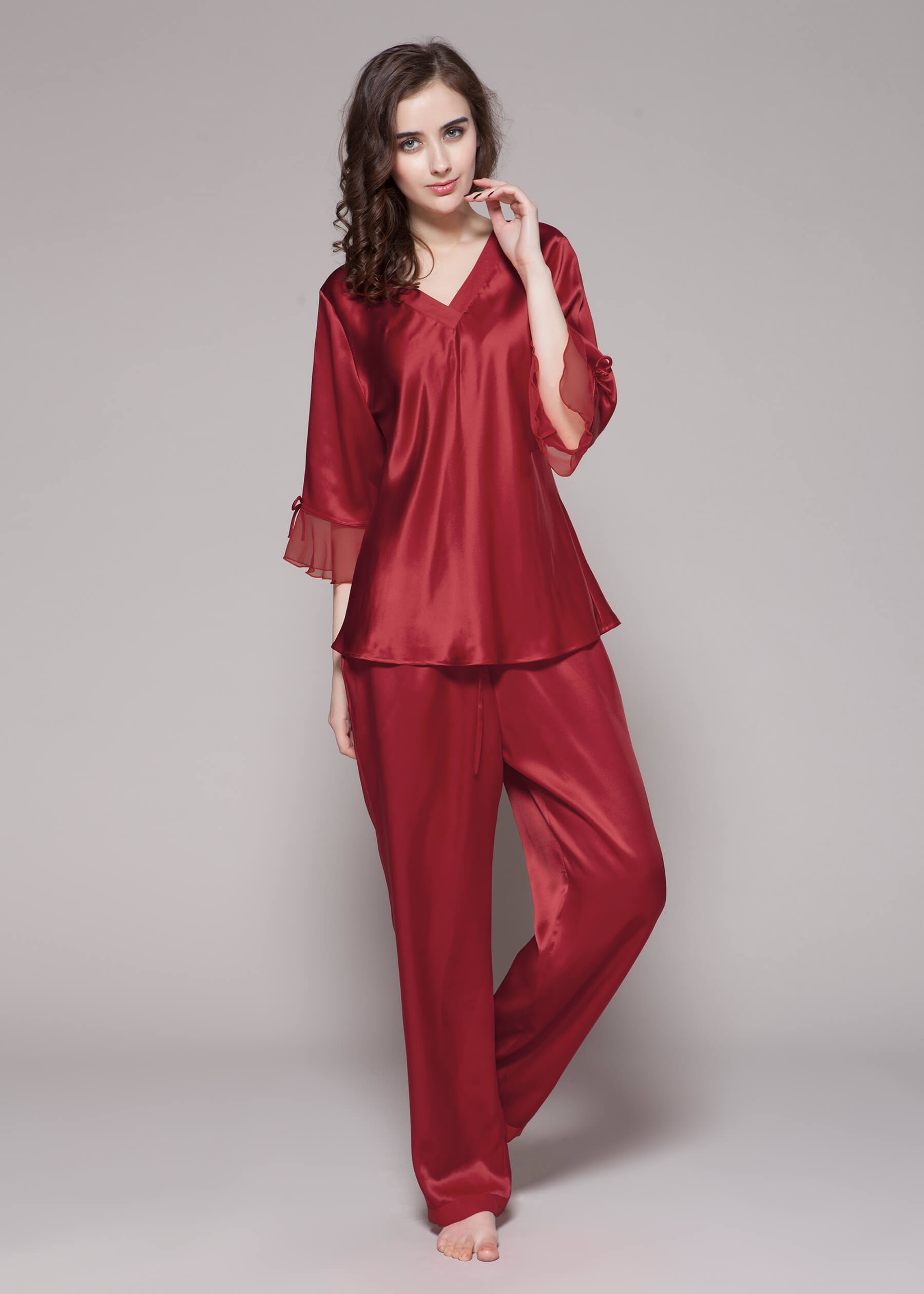 LILYSILK Pyjama Seide Damen schlicht und leicht DE Rotwein M