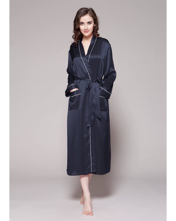 22 Momme Contra Trim And Full Length Silk Robe Navy Blue M-hover
