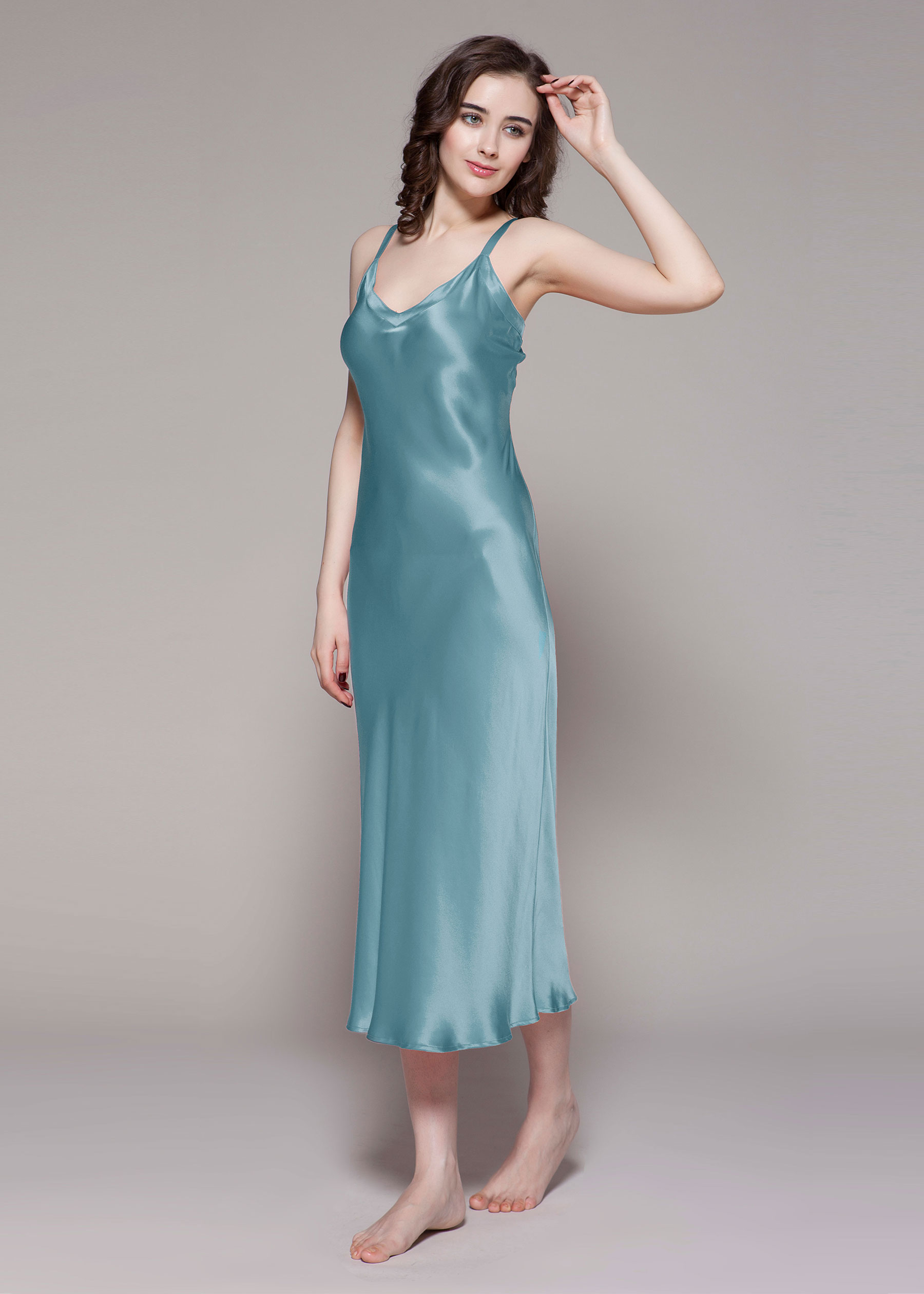 LILYSILK Nachthemd Aus Seide Neblig Blau Deutschland 100% Seide Klasse 6A Midi-Länge Super Weich XL