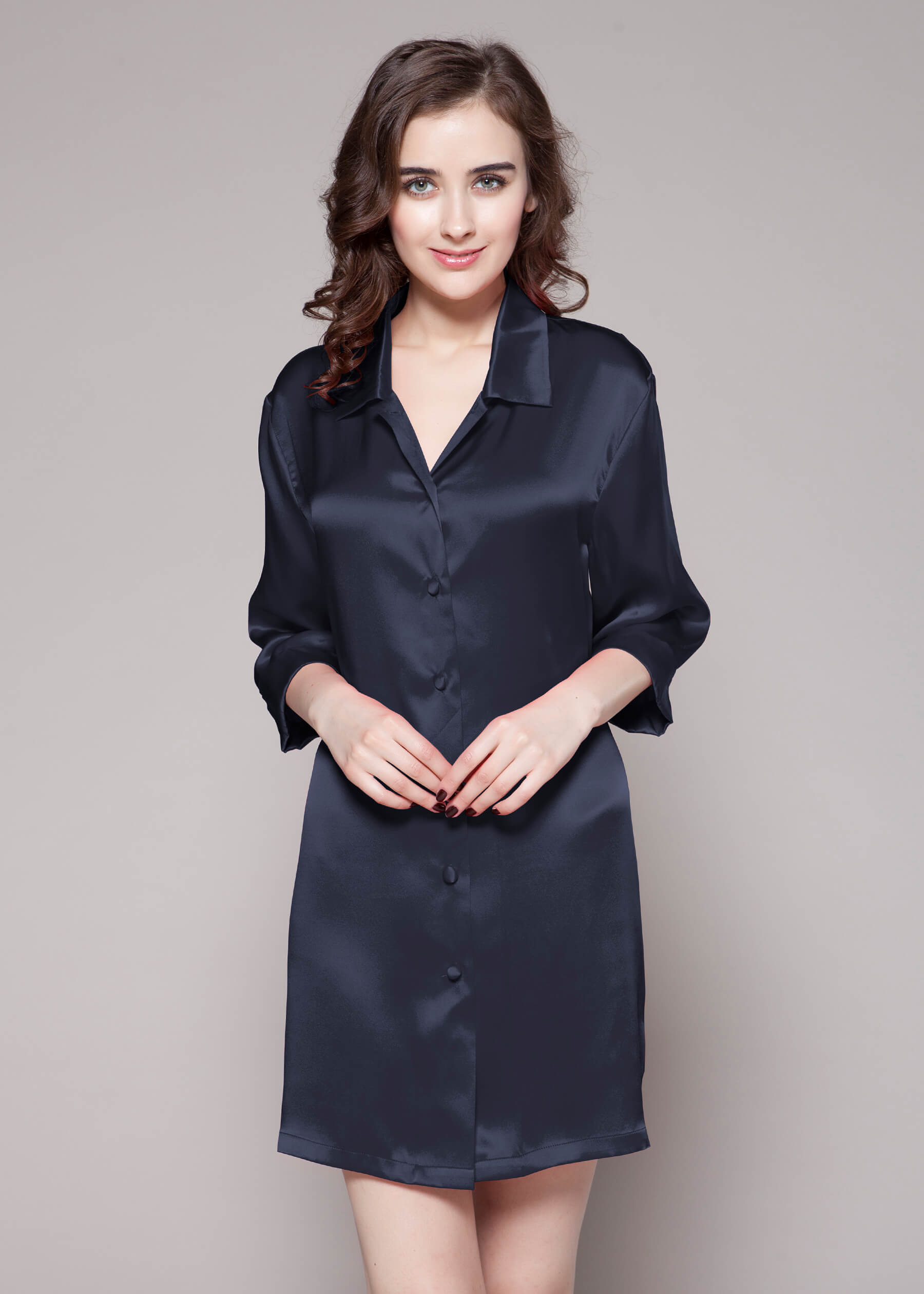 LILYSILK Nachthemd Damen Seide Dunkel Blau Deutschland Reine Seide Mit 3/4-Ärmeln Schlicht Und Leicht S