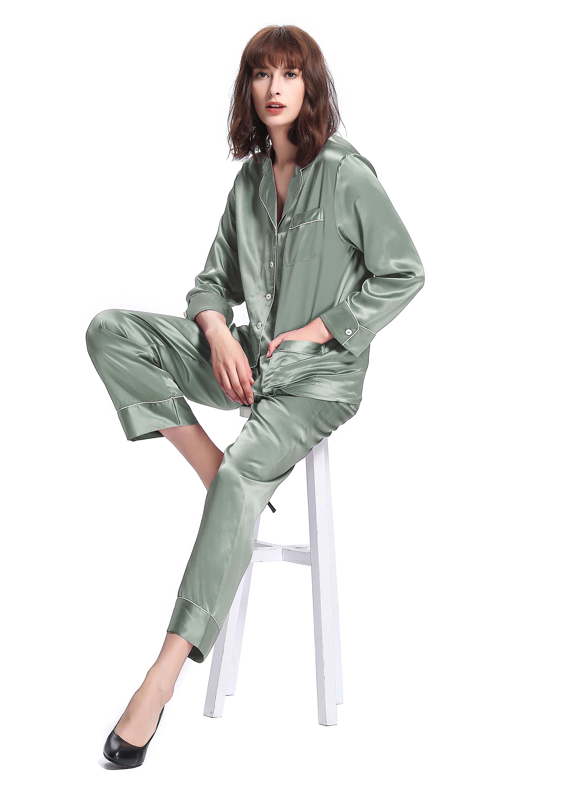 LILYSILK 22 Momme 100 Silk Pajama Set UK Mulberry Silk Classic Silk Sleep Set Green Xl
