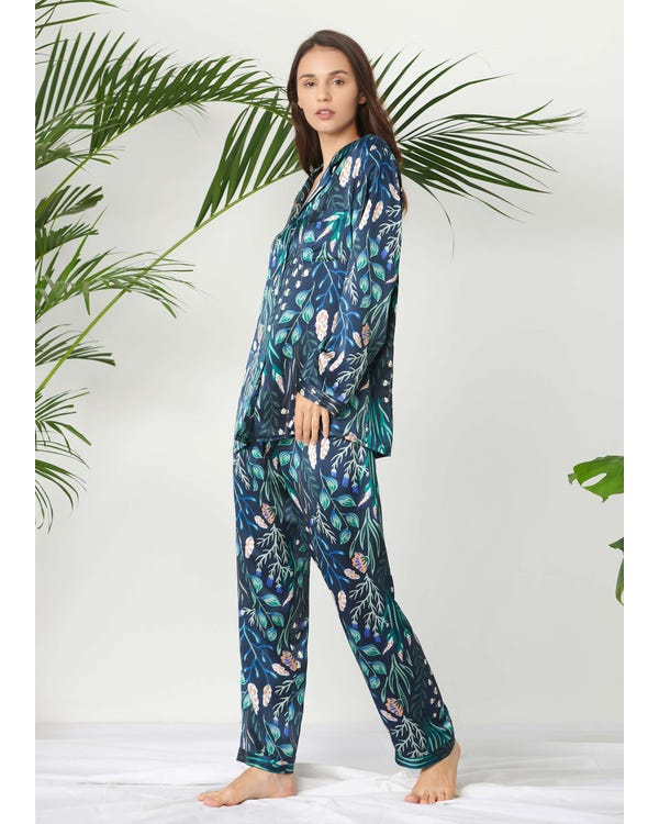 Plant Print Lange Zijden Pyjama's Voor Dames