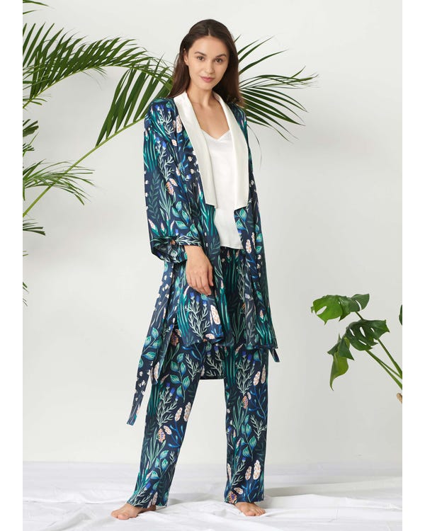 Womens Floral Printed Silk Pajamas Set 3PCS