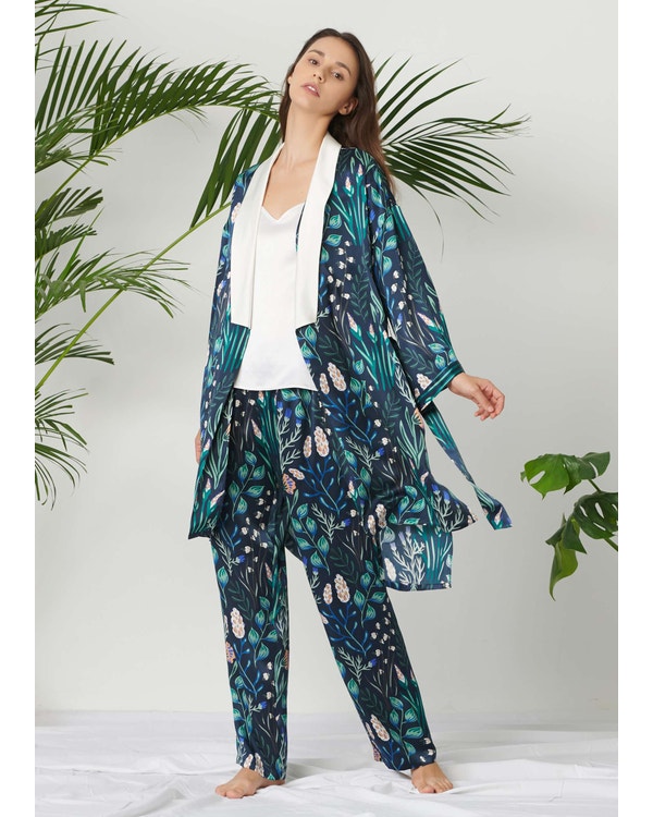 3tlg Floral Bedruckte Seide Pyjama Set Für Damen