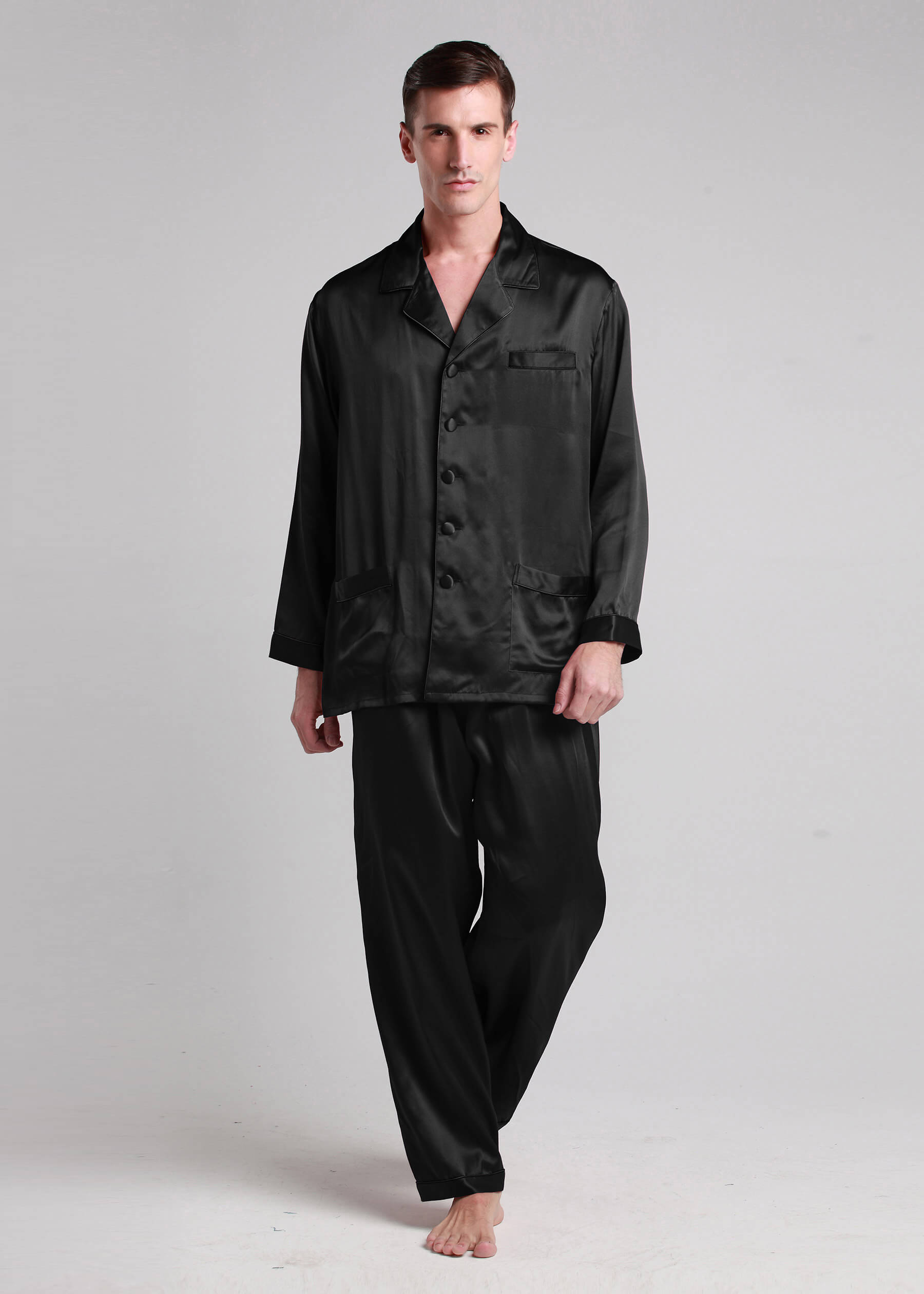 LILYSILK Pyjama Seide Herren Schwarz Deutschland 100% Seide Gekerbter Kragen Hautfreundlich Und Atmungsaktiv XL