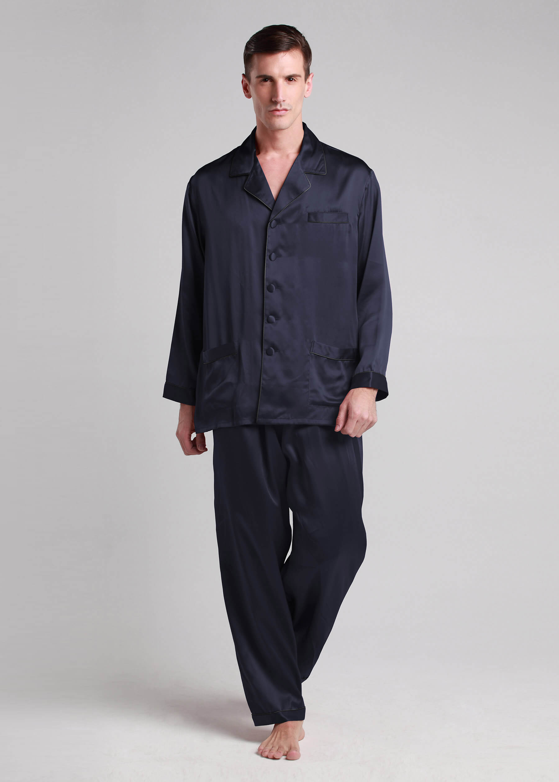 LILYSILK Pyjama Seide Herren Dunkel Blau Deutschland 100% Seide Gekerbter Kragen Leicht Und Weich M