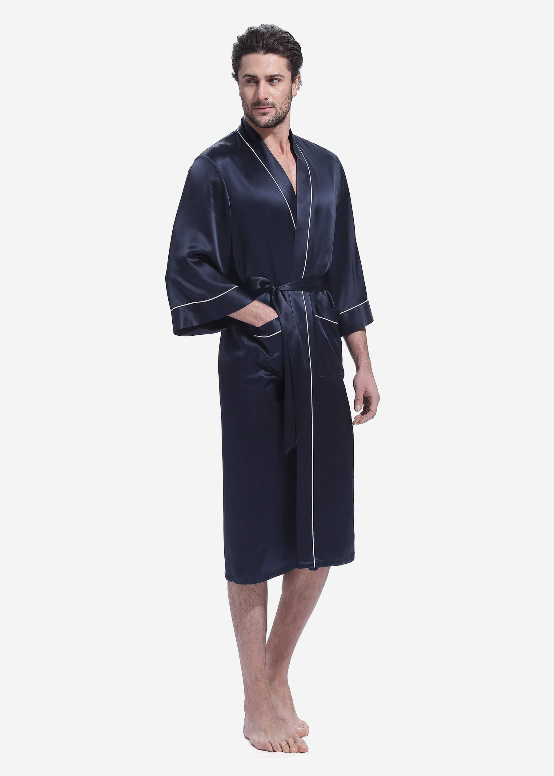 LILYSILK Hochwertig Seide Bademantel Herren Dunkel Blau M