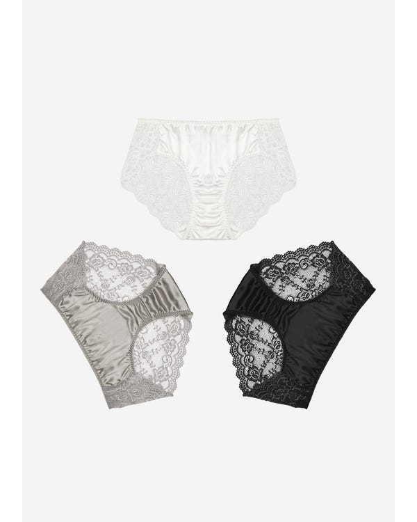 Soft Lacy Silk Panties 3 Pack Black-White-Silvergray S