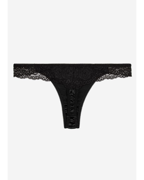 Sexy Women's Silk G-String Thong With Lace Black S-hover