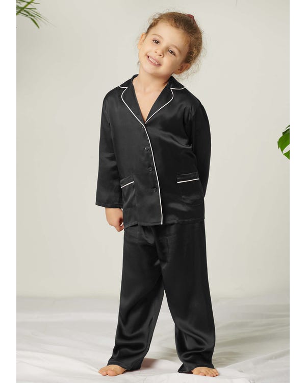 Classic Silk Pajamas Set For Kids Black 130
